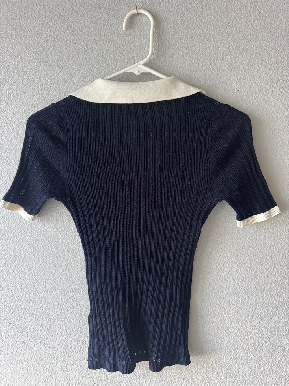 Silk Navy and White Collared Rib Knit Top - Picture 8 of 8